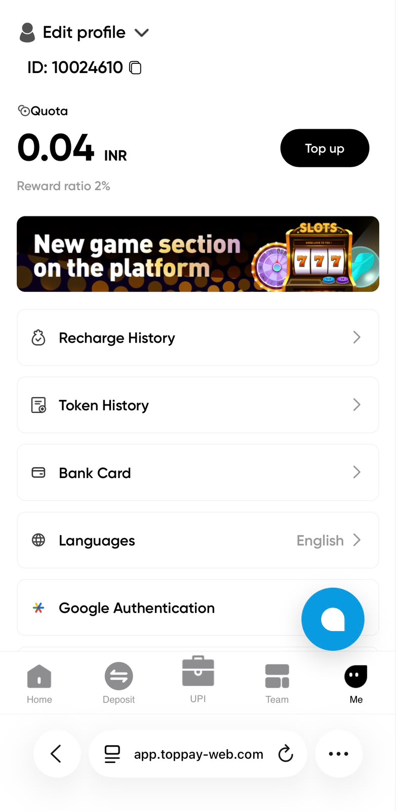 TopPay profile: Me and account settings